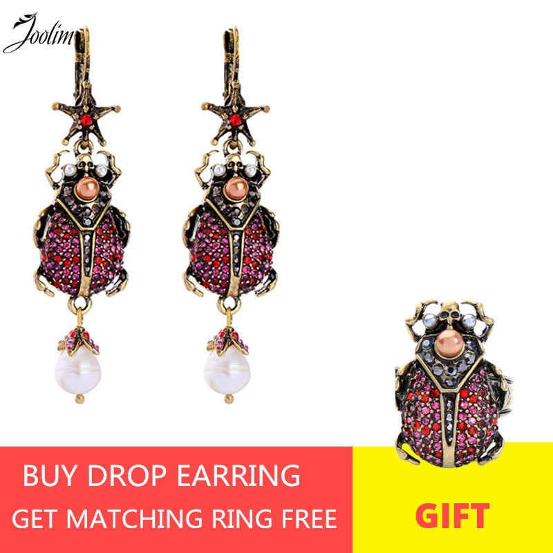 Joolim  Hot Pink Pearl Beetle Drop Earring Retro Statement Earring Best Seller Jewelry Wholesale Buy One Get One Free